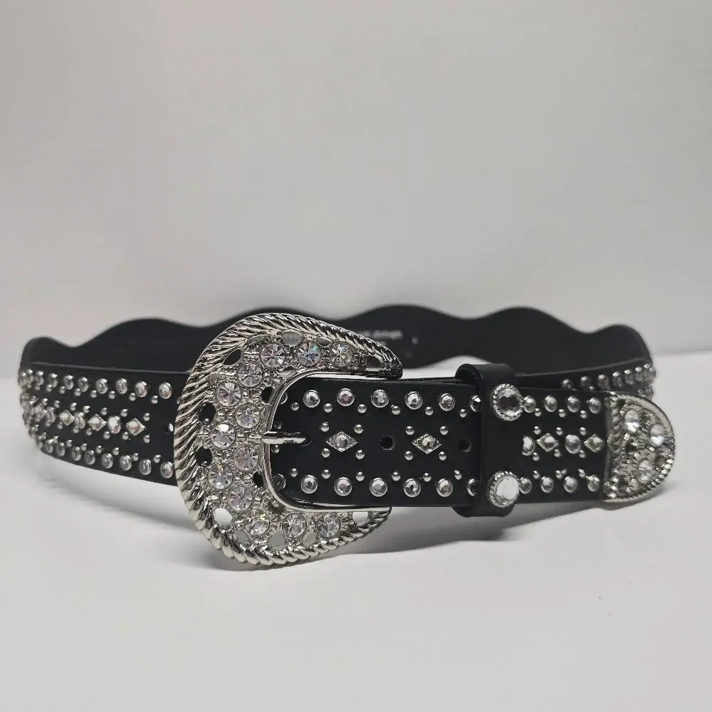 Christine Alexander Black Leather Swarovski Rhinestones Western Belt Women's L